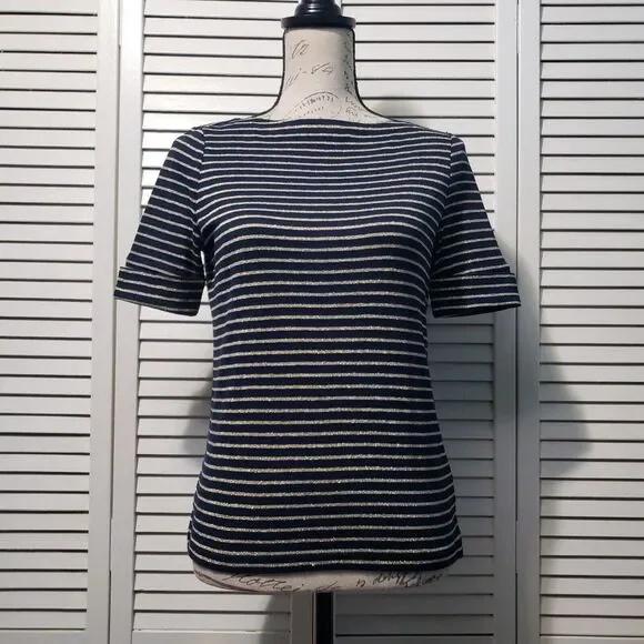Ralph Lauren Short Sleeve Tee Women's Petite Small Black Gold Striped Knit Top - Picture 1 of 9